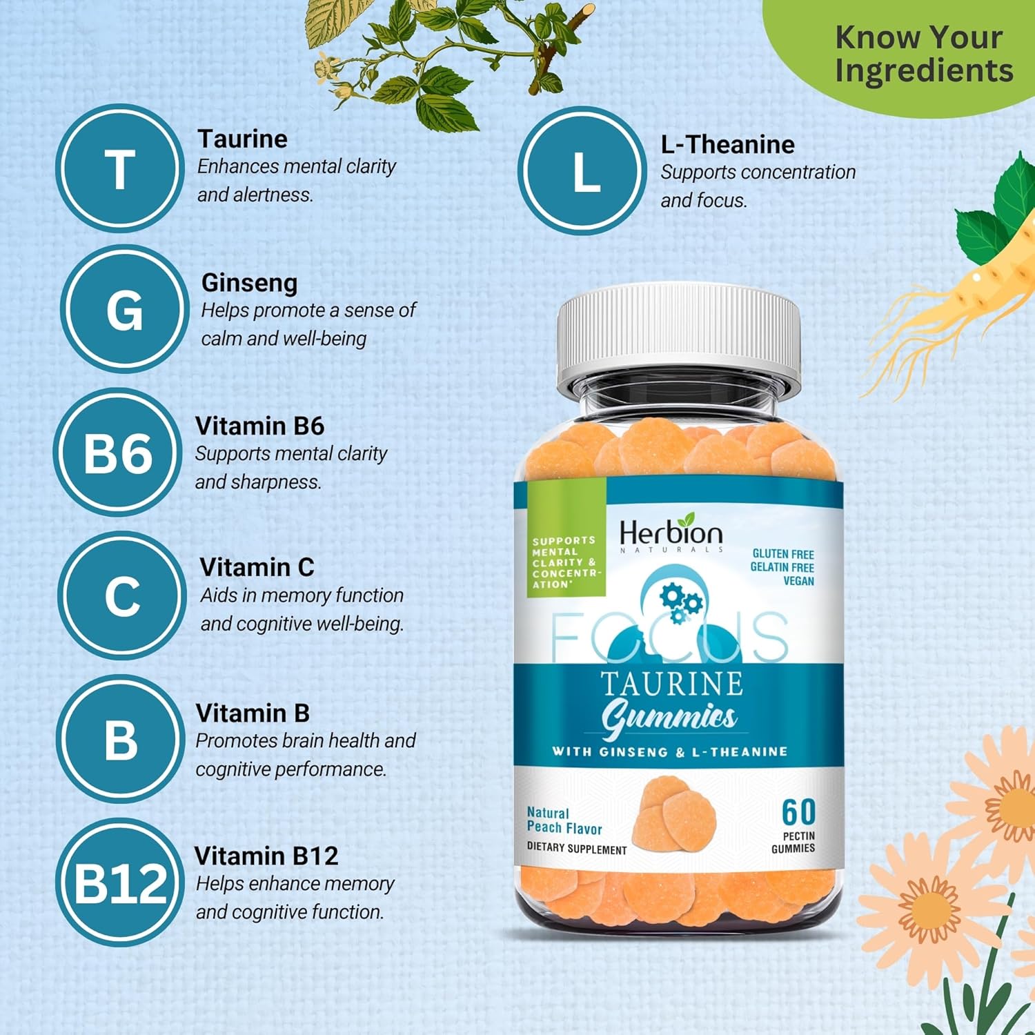 Herbion Naturals Taurine Gummies with Ginseng, L-Theanine, Vitamin C, B3, B6, & B12 for Mental Clarity, Peach Flavor - 60 Gummies, USA Made