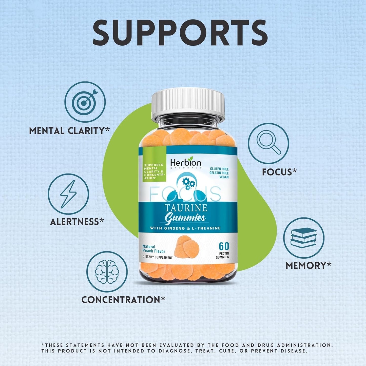 Herbion Naturals Taurine Gummies with Ginseng, L-Theanine, Vitamin C, B3, B6, & B12 for Mental Clarity, Peach Flavor - 60 Gummies, USA Made