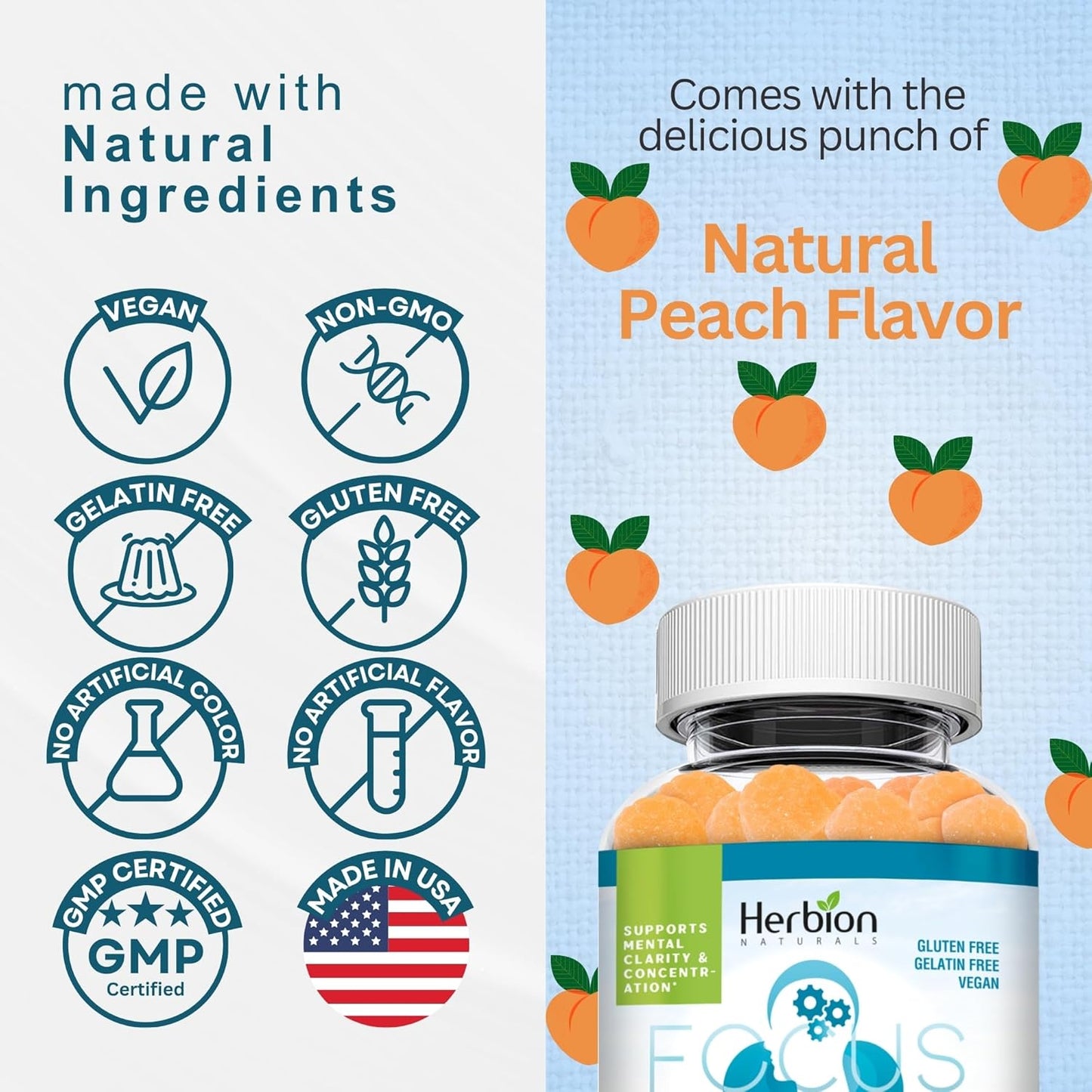 Herbion Naturals Taurine Gummies with Ginseng, L-Theanine, Vitamin C, B3, B6, & B12 for Mental Clarity, Peach Flavor - 60 Gummies, USA Made