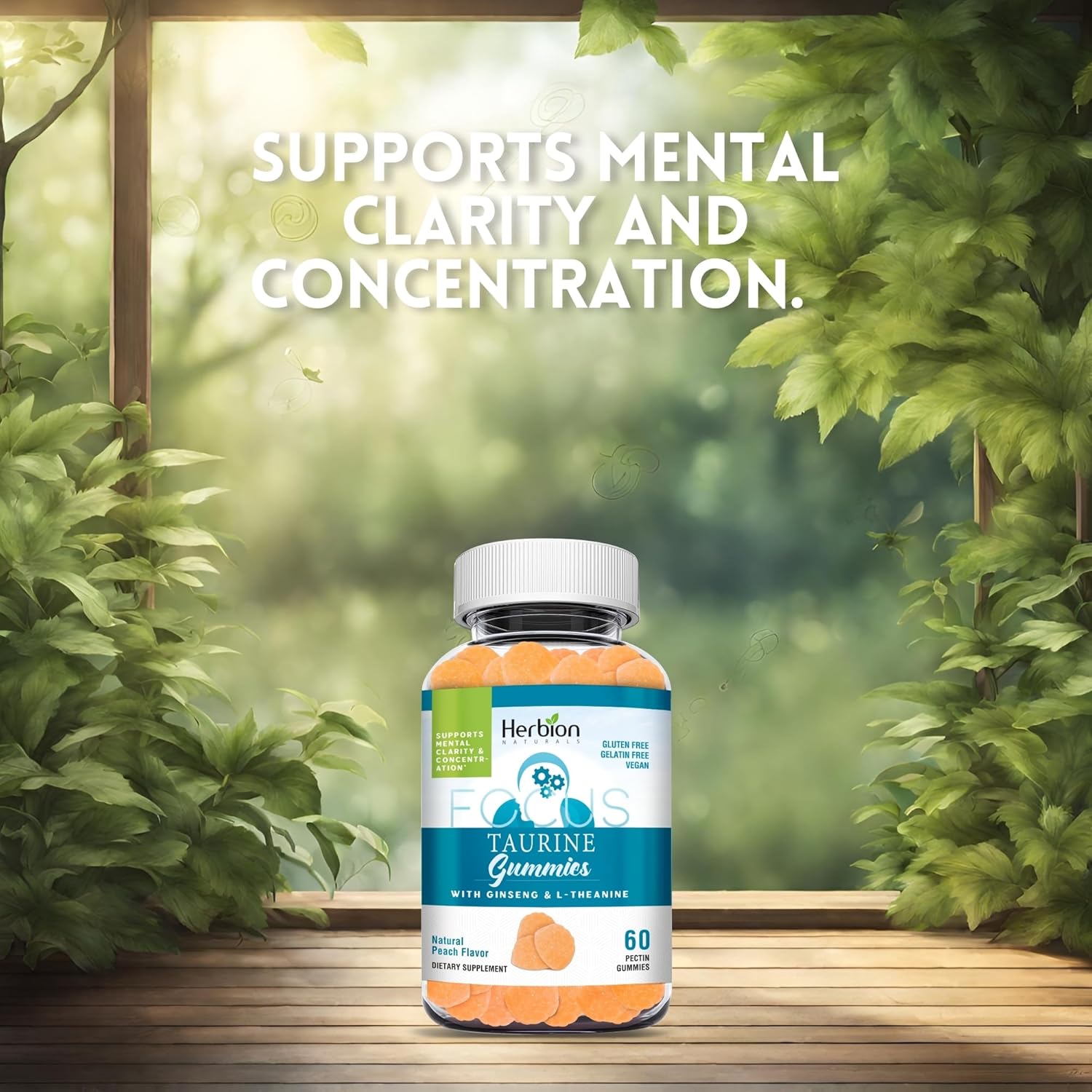 Herbion Naturals Taurine Gummies with Ginseng, L-Theanine, Vitamin C, B3, B6, & B12 for Mental Clarity, Peach Flavor - 60 Gummies, USA Made