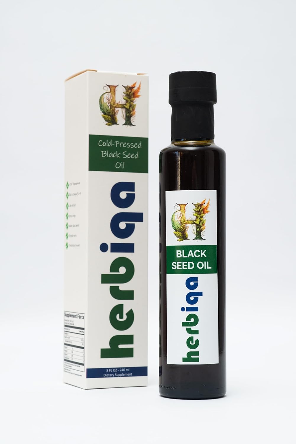 HERBIQA Cold Pressed Black Seed Oil - Turkish Original, 100% Extra Virgin, High Thymoquinone, Omega 3-6-9 - Unrefined in Amber Glass Bottle
