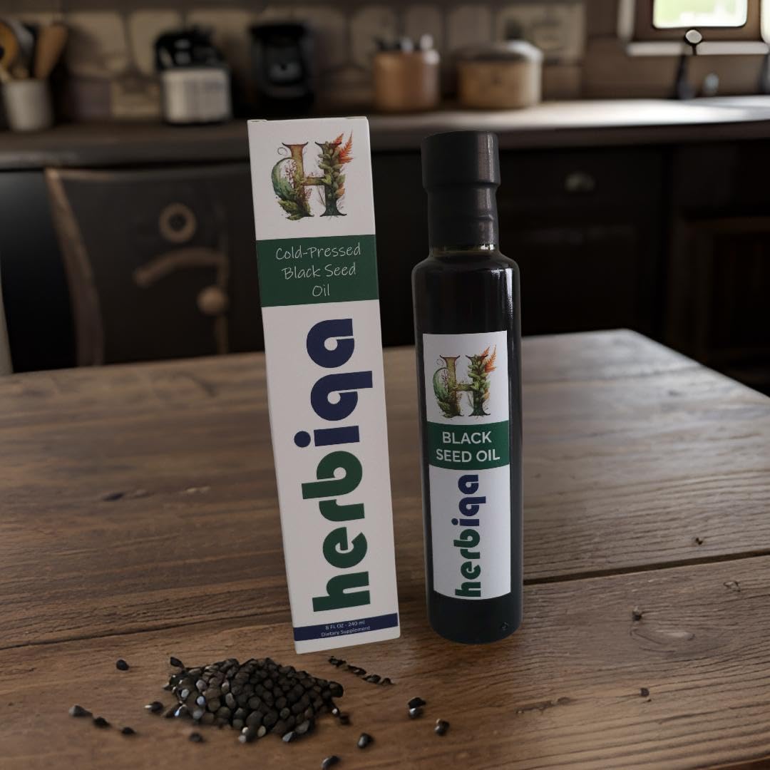 HERBIQA Cold Pressed Black Seed Oil - Turkish Original, 100% Extra Virgin, High Thymoquinone, Omega 3-6-9 - Unrefined in Amber Glass Bottle