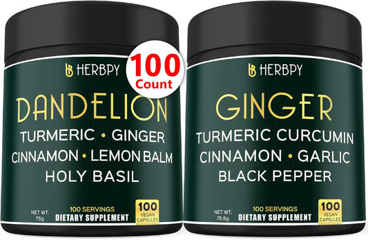 Herbpy 6in1 Dandelion and 5in1 Ginger Supplement Bundle - Promotes Immune, Digestive, and Heart Health