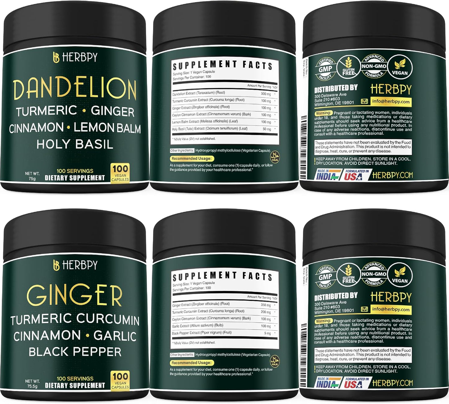 Herbpy 6in1 Dandelion and 5in1 Ginger Supplement Bundle - Promotes Immune, Digestive, and Heart Health