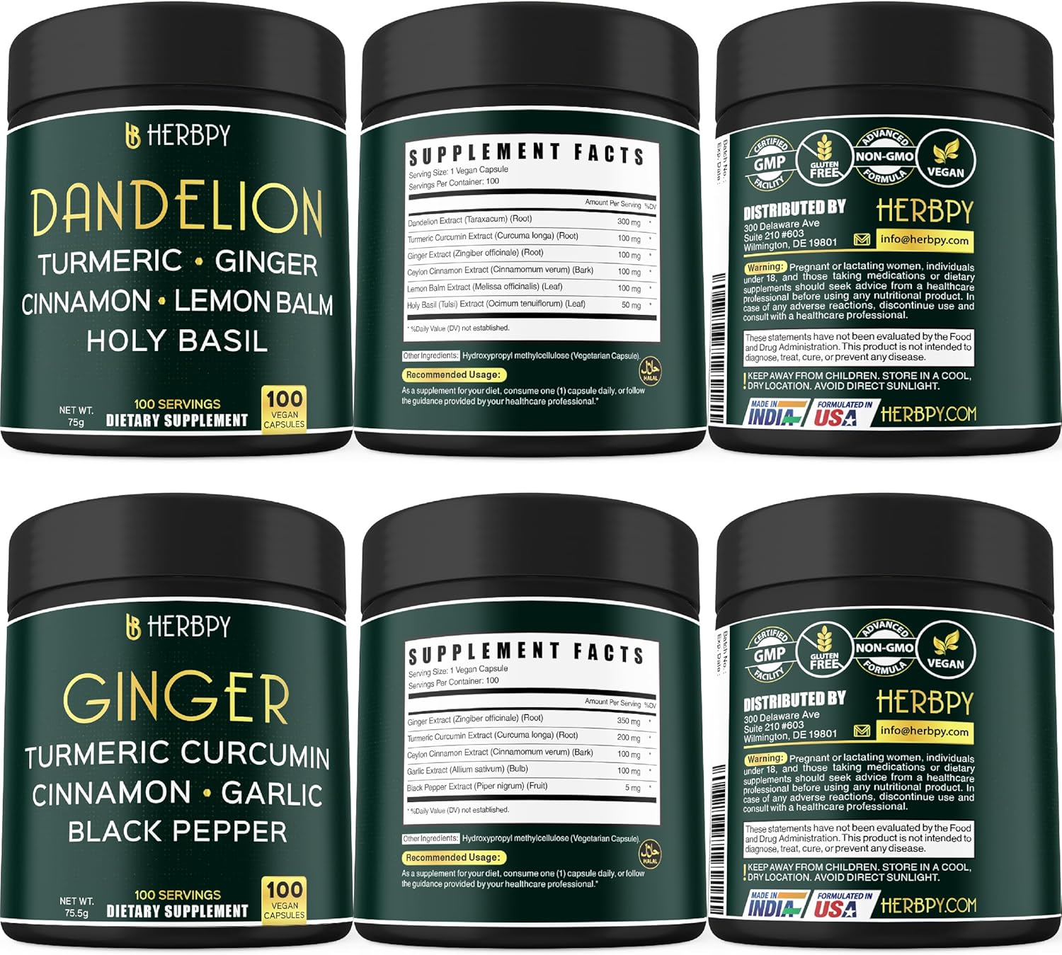 Herbpy 6in1 Dandelion and 5in1 Ginger Supplement Bundle - Promotes Immune, Digestive, and Heart Health