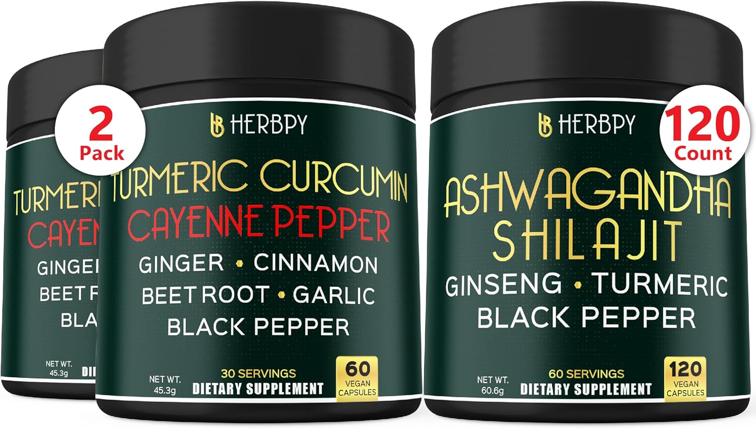 Herbpy Bundle Turmeric Curcumin & Ashwagandha Shilajit - 12-in-1 Supplements for Digestive and Heart Health, Relaxation, Immune Support