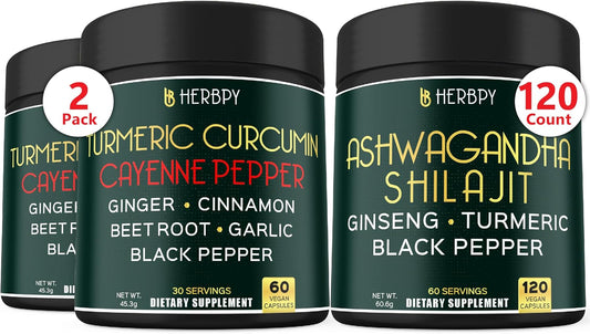 Herbpy Bundle Turmeric Curcumin & Ashwagandha Shilajit - 12-in-1 Supplements for Digestive and Heart Health, Relaxation, Immune Support