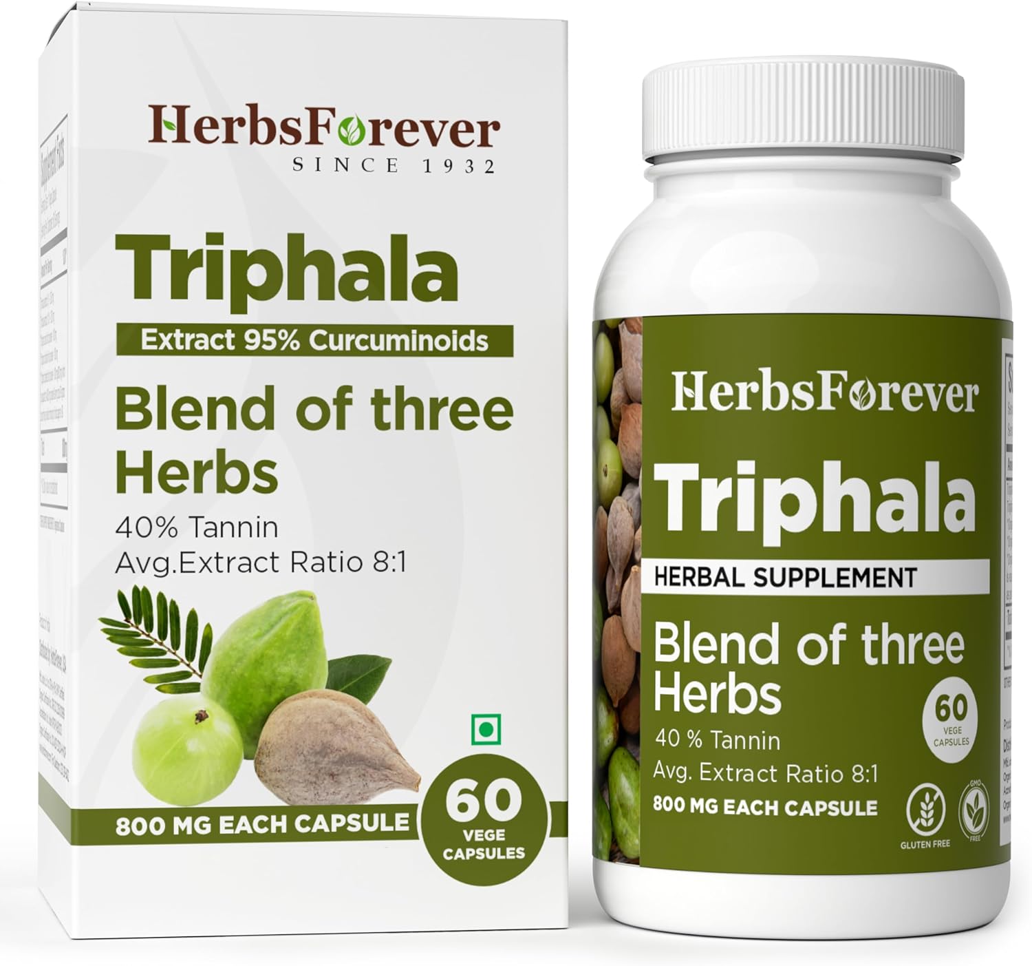 Herbsforever Triphala Capsules Extract 8:1 Ratio - 40% Amla, Haritaki & Bibhitaki - Daily Detox, Cleanse & Rejuvenate - 60 Veg Caps