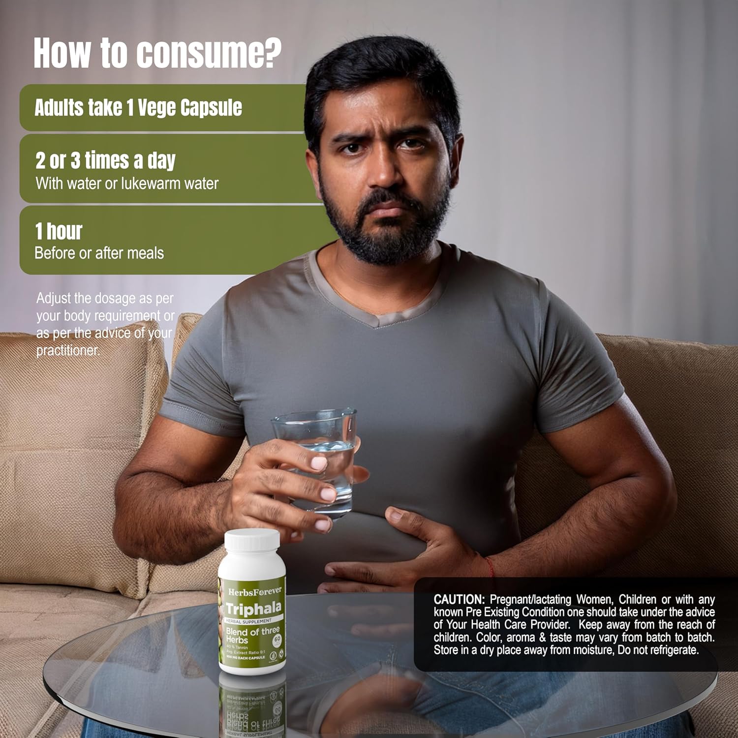 Herbsforever Triphala Capsules Extract 8:1 Ratio - 40% Amla, Haritaki & Bibhitaki - Daily Detox, Cleanse & Rejuvenate - 60 Veg Caps