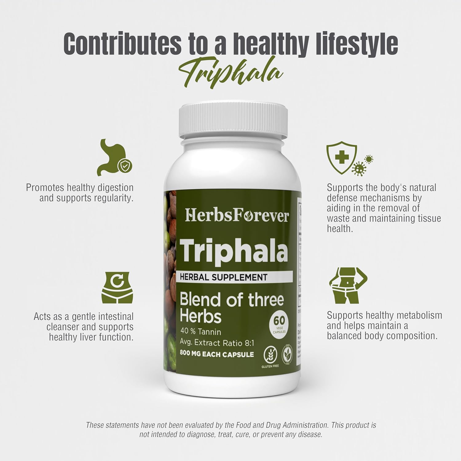 Herbsforever Triphala Capsules Extract 8:1 Ratio - 40% Amla, Haritaki & Bibhitaki - Daily Detox, Cleanse & Rejuvenate - 60 Veg Caps