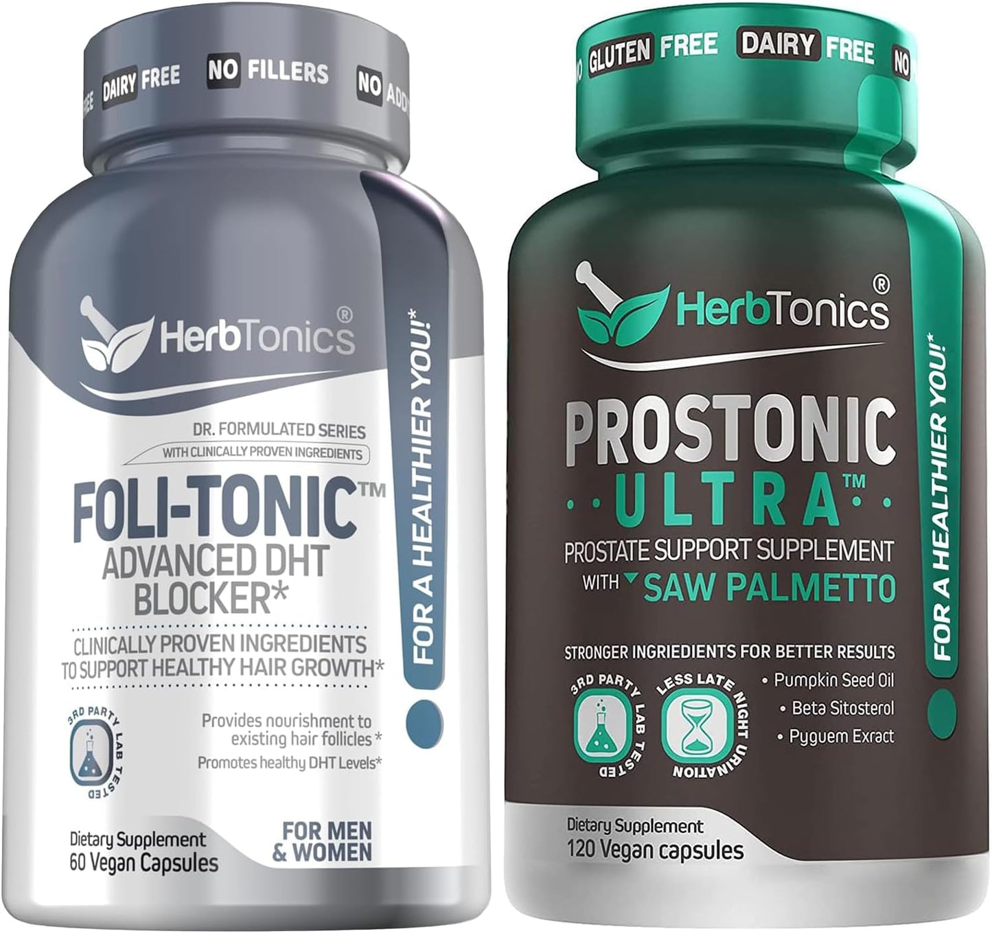 Herbtonics Foli-Tonic Hair Loss Supplement with DHT Blocker for Men's Health - Promotes Thicker Hair Growth and Supports Prostate Health