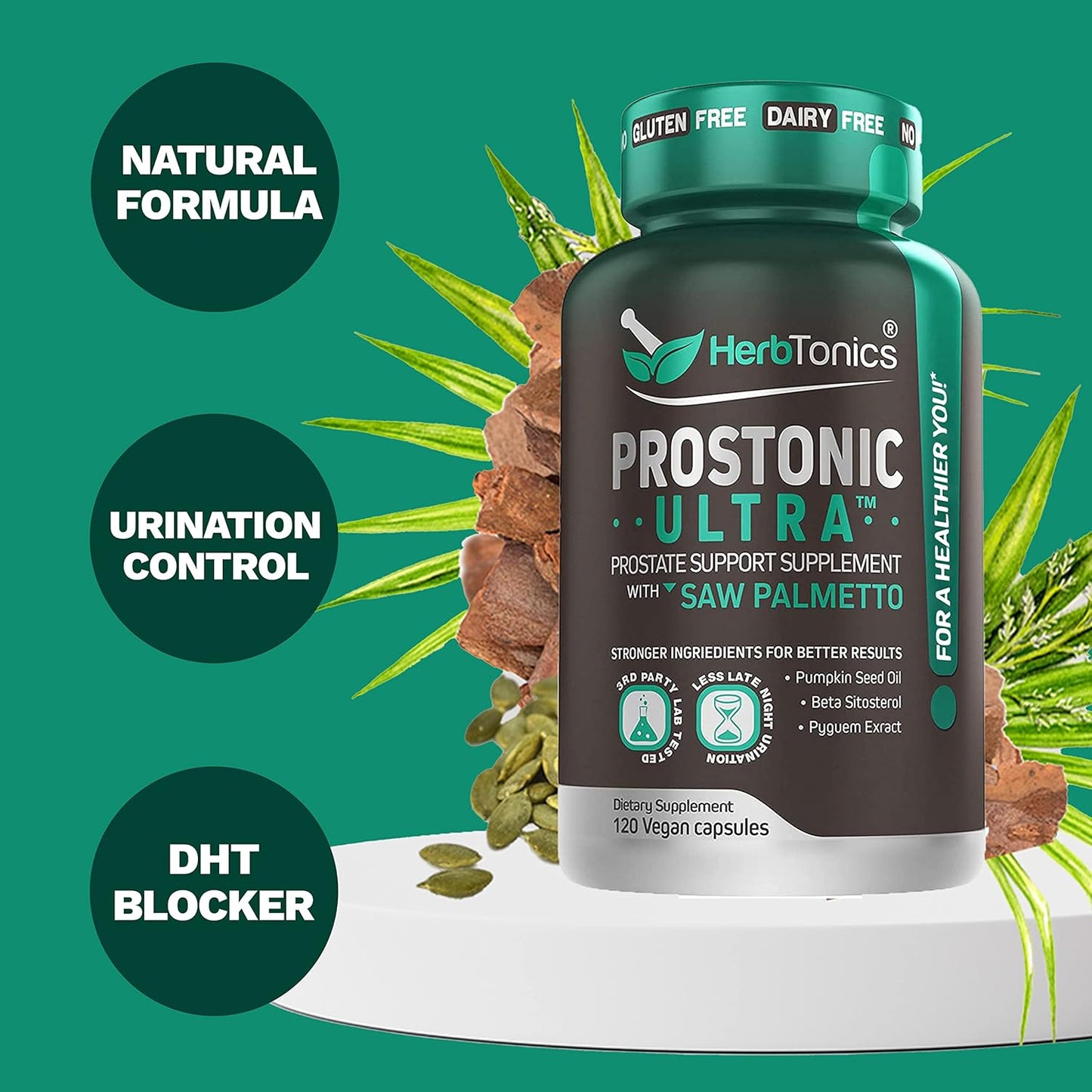 Herbtonics Foli-Tonic Hair Loss Supplement with DHT Blocker for Men's Health - Promotes Thicker Hair Growth and Supports Prostate Health