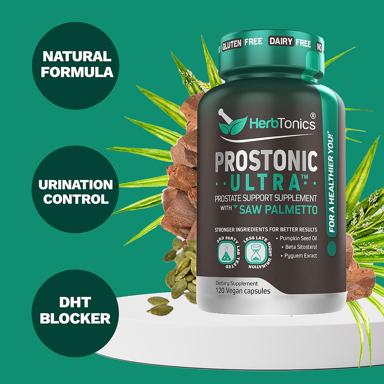 Herbtonics Foli-Tonic Hair Loss Supplement with DHT Blocker for Men's Health - Promotes Thicker Hair Growth and Supports Prostate Health