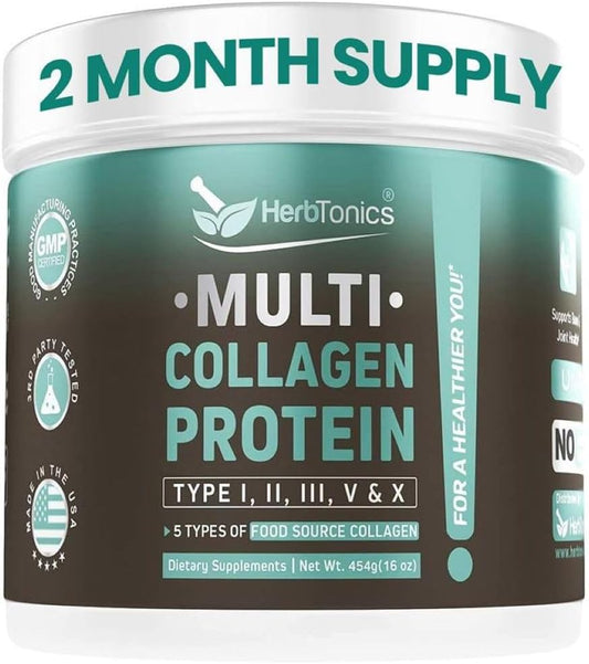 Herbtonics Multi Collagen Protein Powder | All-in-One Bone Broth Supplement | Grass-Fed Chicken, Wild Fish, Egg Hydrolyzed Collagen Bovine | Type (1,2,3,5,10) - BoostGo Australia