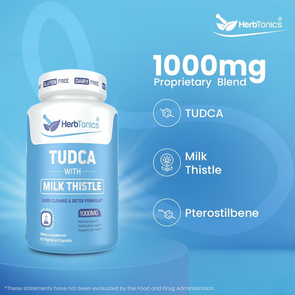 Herbtonics TUDCA & Milk Thistle 1000mg Liver Cleanse Detox Bile Salts Supplement 60 Vegan Capsules