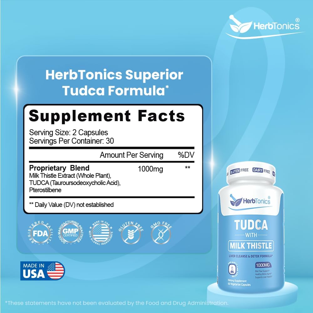 Herbtonics TUDCA & Milk Thistle 1000mg Liver Cleanse Detox Bile Salts Supplement 60 Vegan Capsules