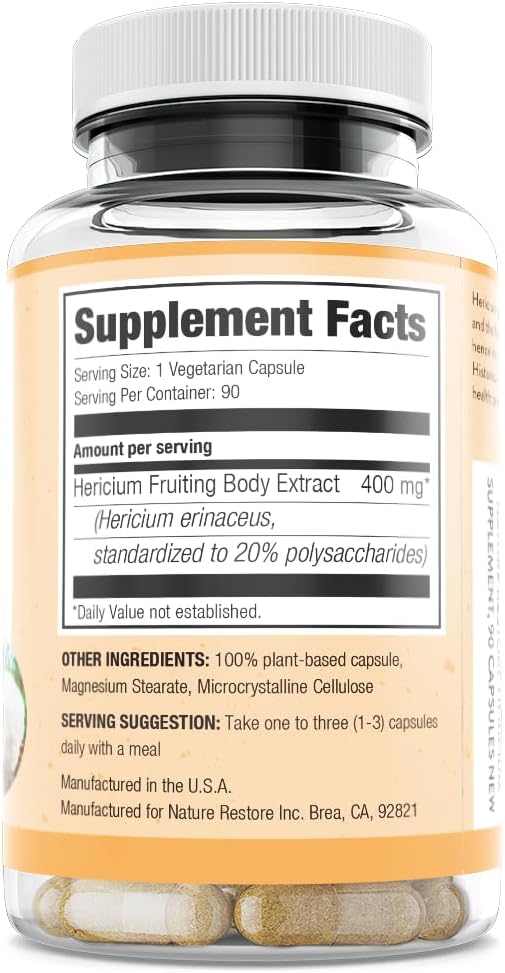 Hericium Erinaceus Extract Mushroom Supplement, 90 Capsules, High in Polysaccharides