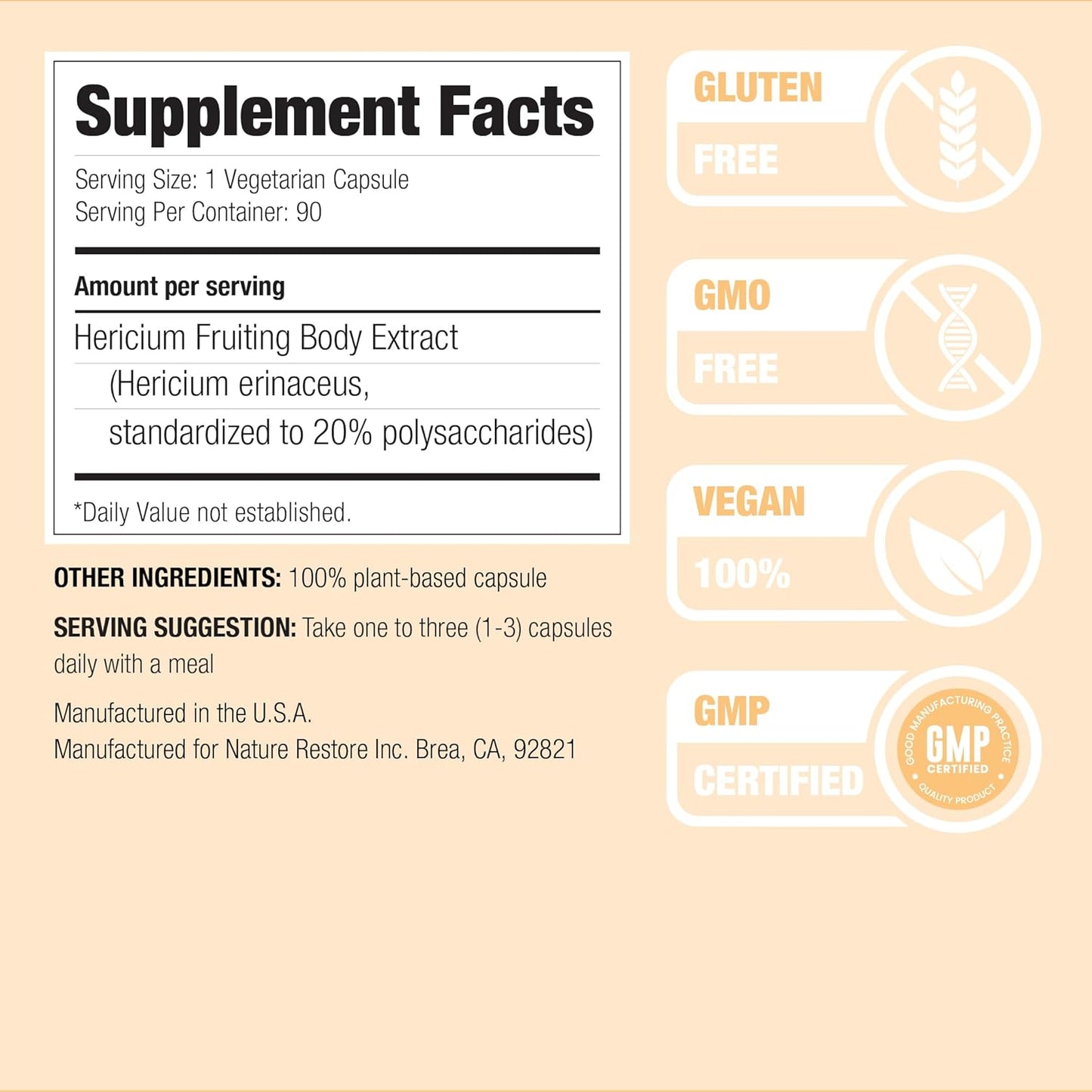 Hericium Erinaceus Extract Mushroom Supplement, 90 Capsules, High in Polysaccharides