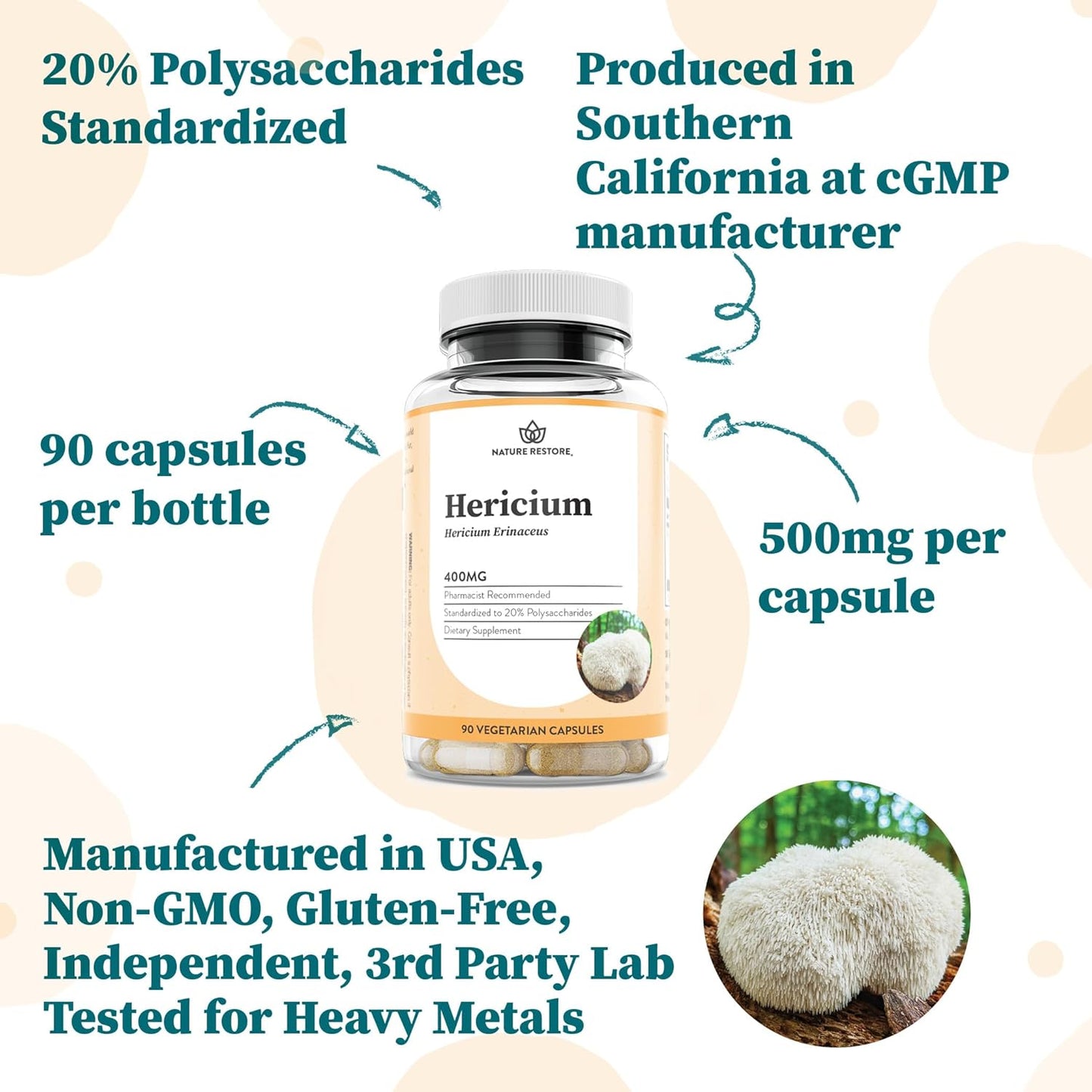 Hericium Erinaceus Extract Mushroom Supplement, 90 Capsules, High in Polysaccharides