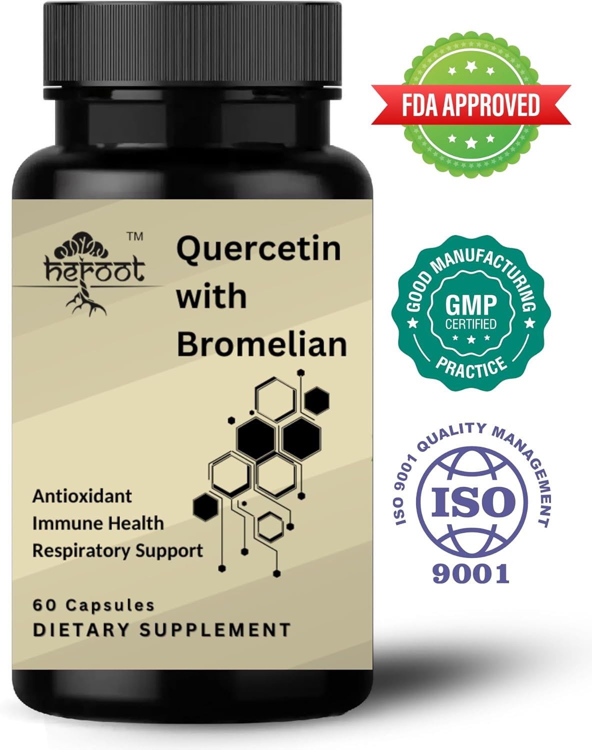 Heroot 500mg Quercetin with Bromelain Capsules: Respiratory & Overall Health Support (60 Capsules)