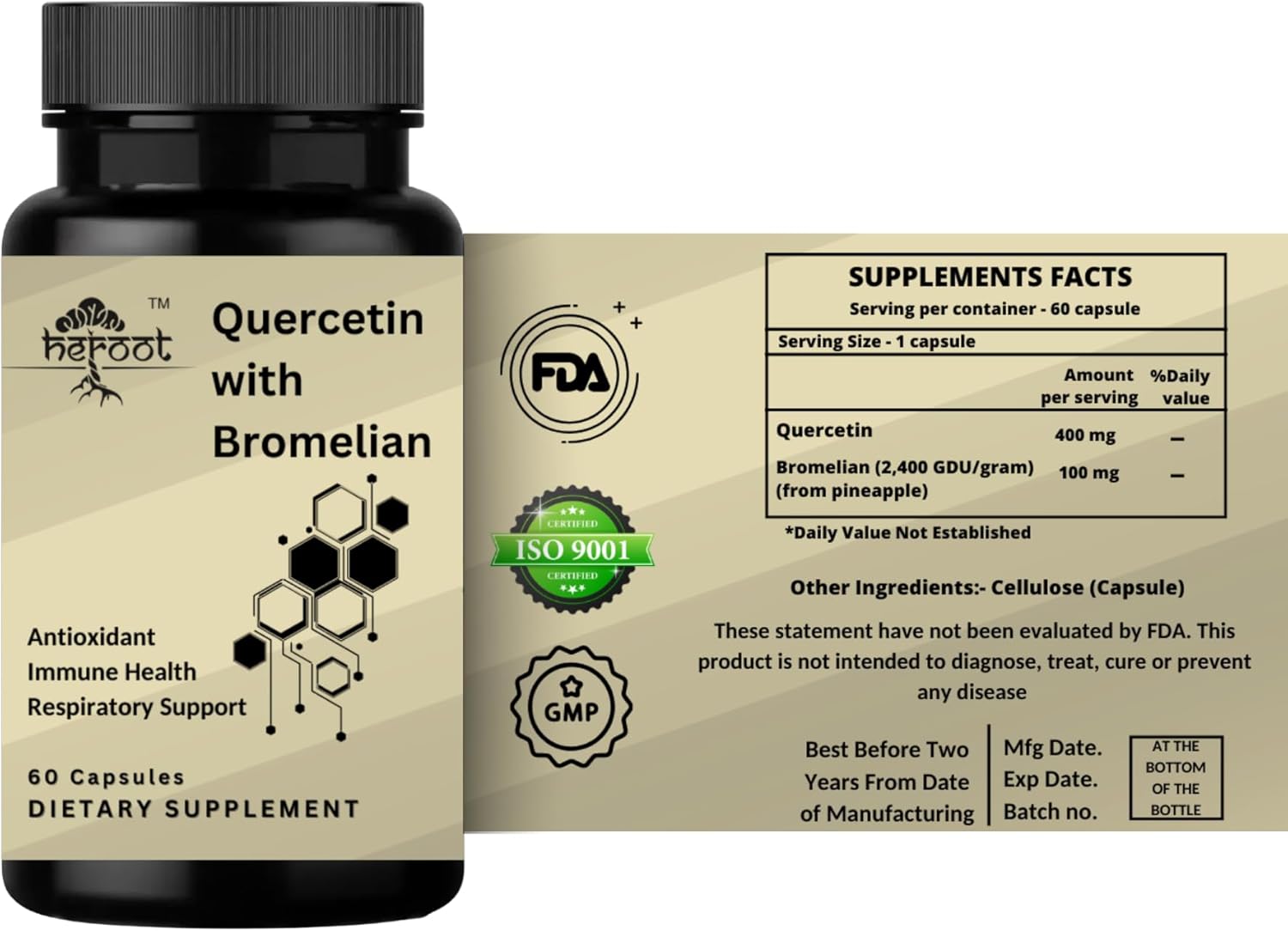Heroot 500mg Quercetin with Bromelain Capsules: Respiratory & Overall Health Support (60 Capsules)