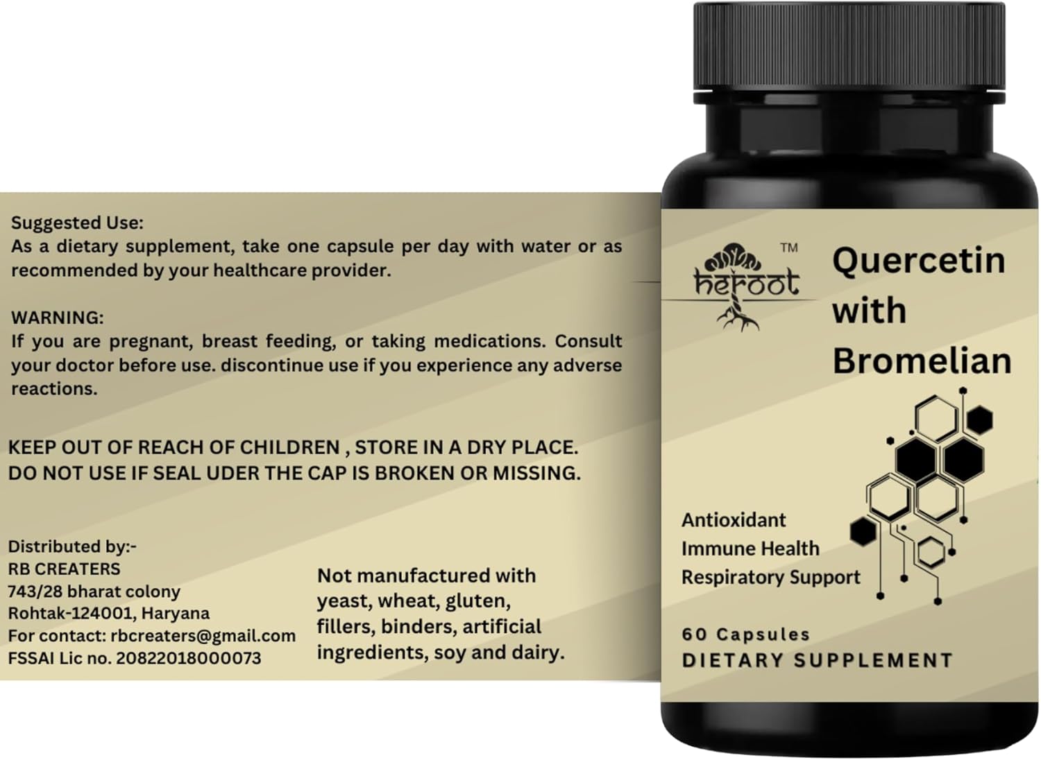 Heroot 500mg Quercetin with Bromelain Capsules: Respiratory & Overall Health Support (60 Capsules)