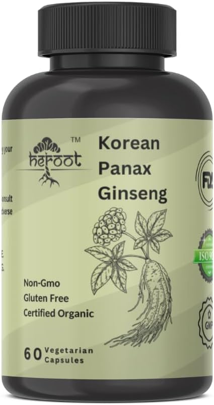Heroot Panax Ginseng Capsules - 500 MG for Energy, Memory & Brain Health Support - Non-GMO - 60 Capsules