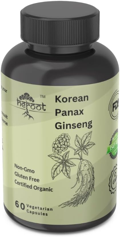 Heroot Panax Ginseng Capsules - 500 MG for Energy, Memory & Brain Health Support - Non-GMO - 60 Capsules