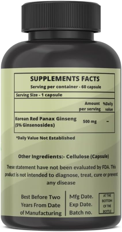 Heroot Panax Ginseng Capsules - 500 MG for Energy, Memory & Brain Health Support - Non-GMO - 60 Capsules
