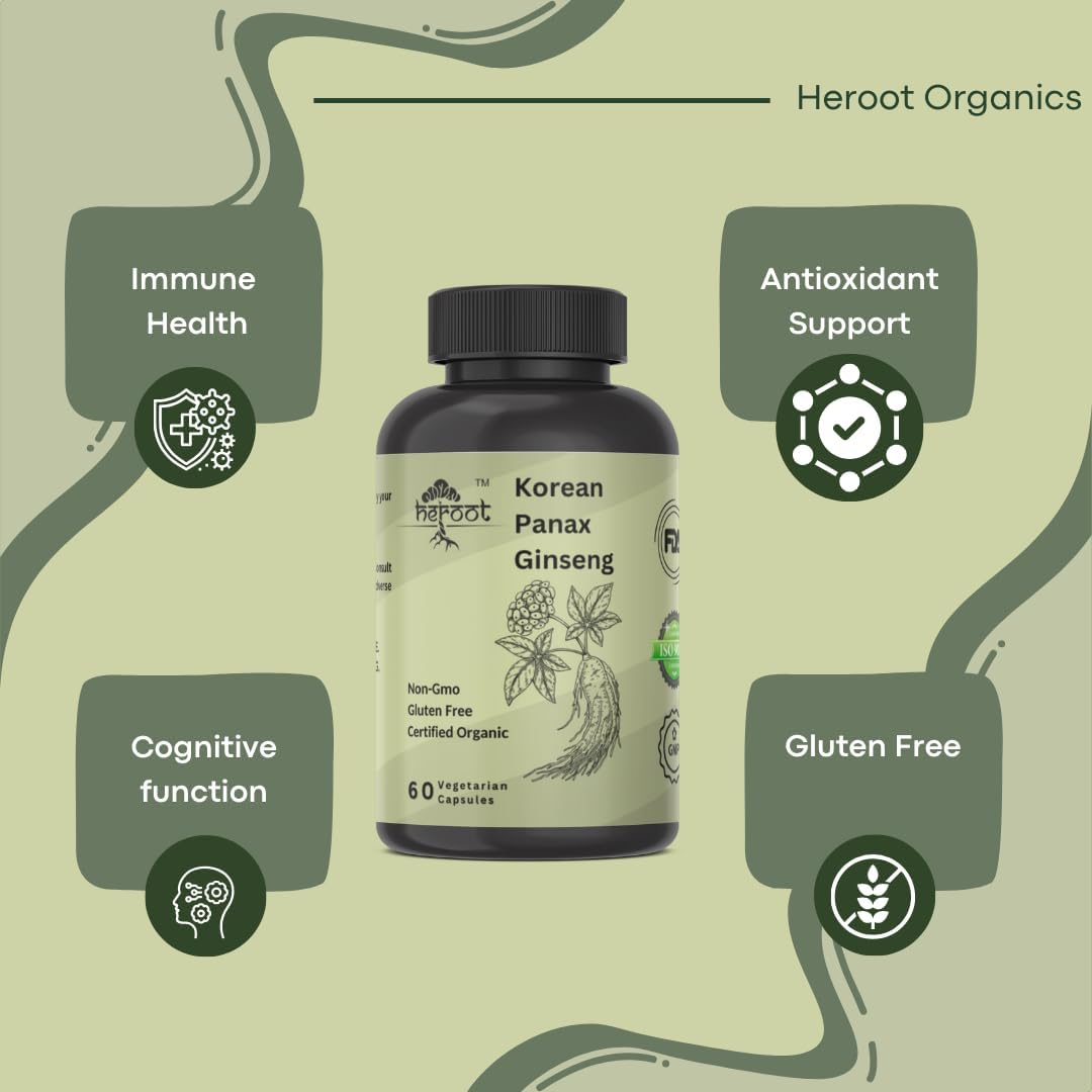 Heroot Panax Ginseng Capsules - 500 MG for Energy, Memory & Brain Health Support - Non-GMO - 60 Capsules