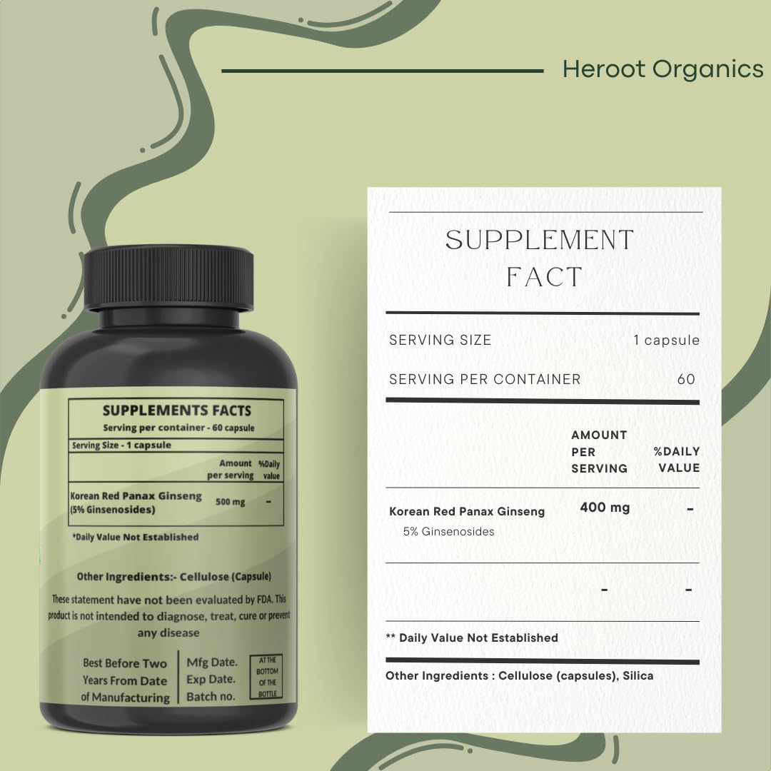 Heroot Panax Ginseng Capsules - 500 MG for Energy, Memory & Brain Health Support - Non-GMO - 60 Capsules