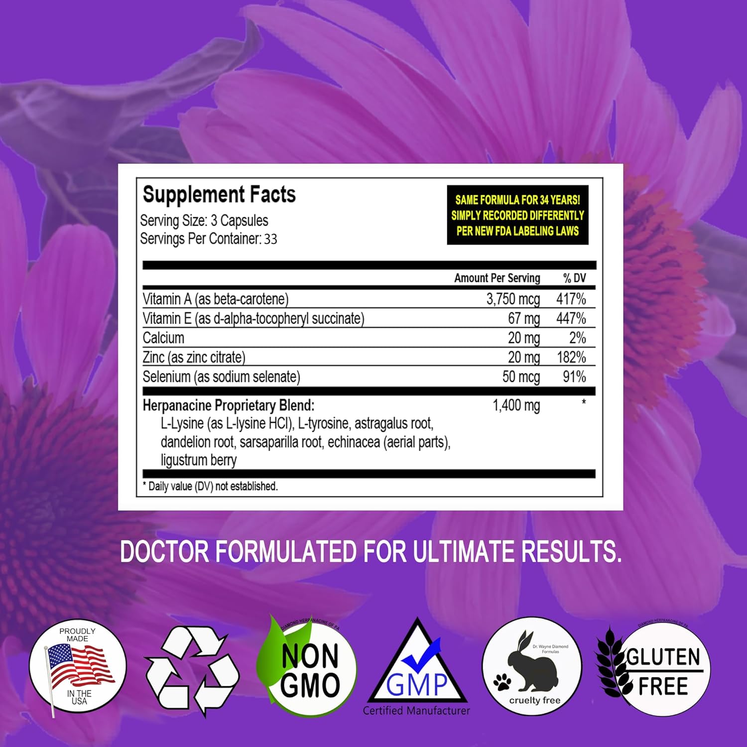 Herpanacine Diamond Natural Skin Care and Immune Support Vitamins - Clear Skin & Immune System Support - Natural Ingredients - 100 Count