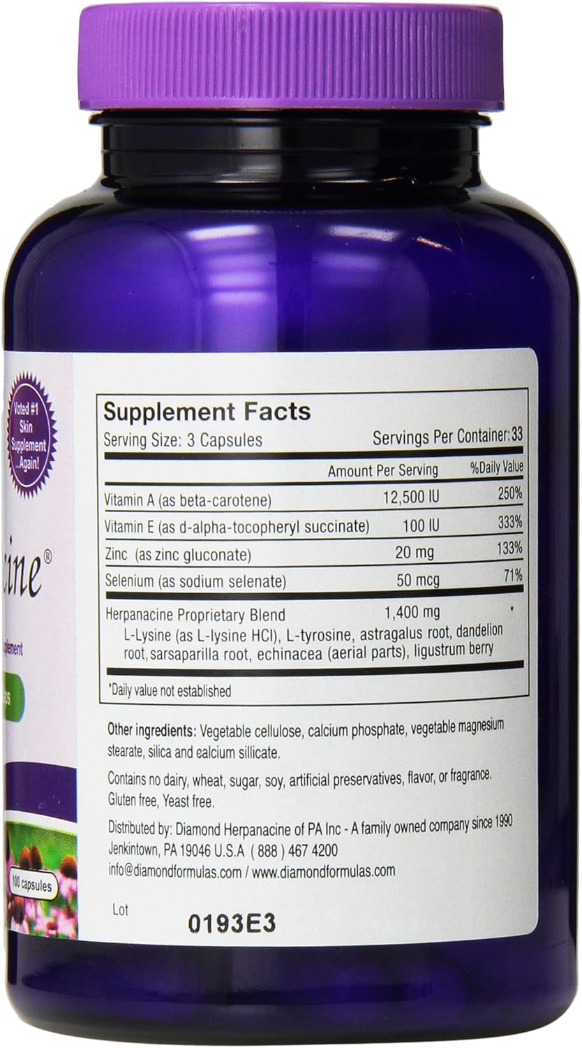 Herpanacine Skin Support Supplement with Diamond Herpanacine - 100 Capsules, 3 Pack