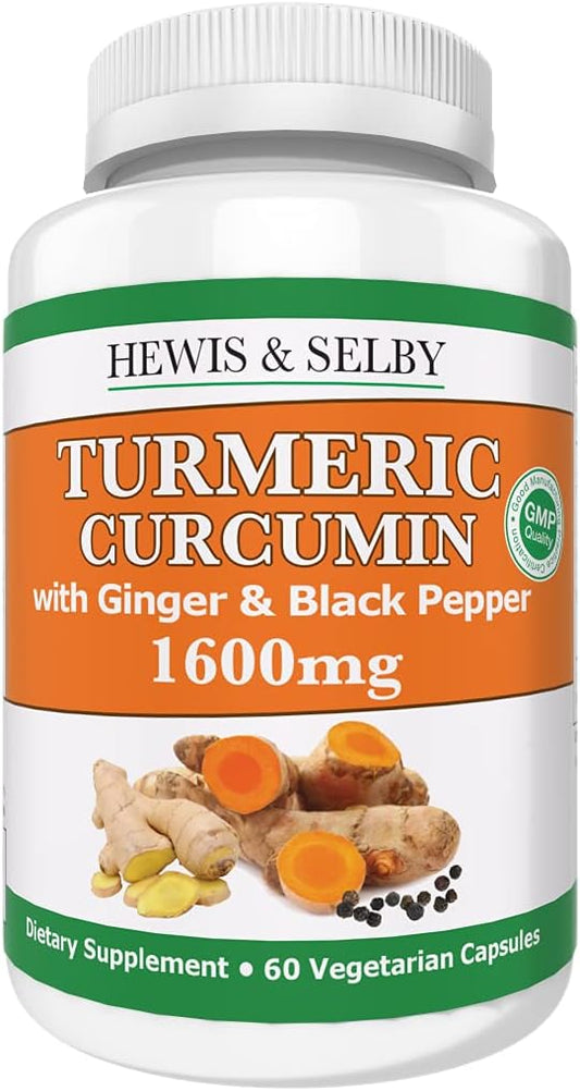 Hewis & Selby Turmeric Ginger Curcumin Capsules - 1600mg with Black Pepper Extract - 60 Veggie Caps - USA-Made for Joint Pain & Inflammation