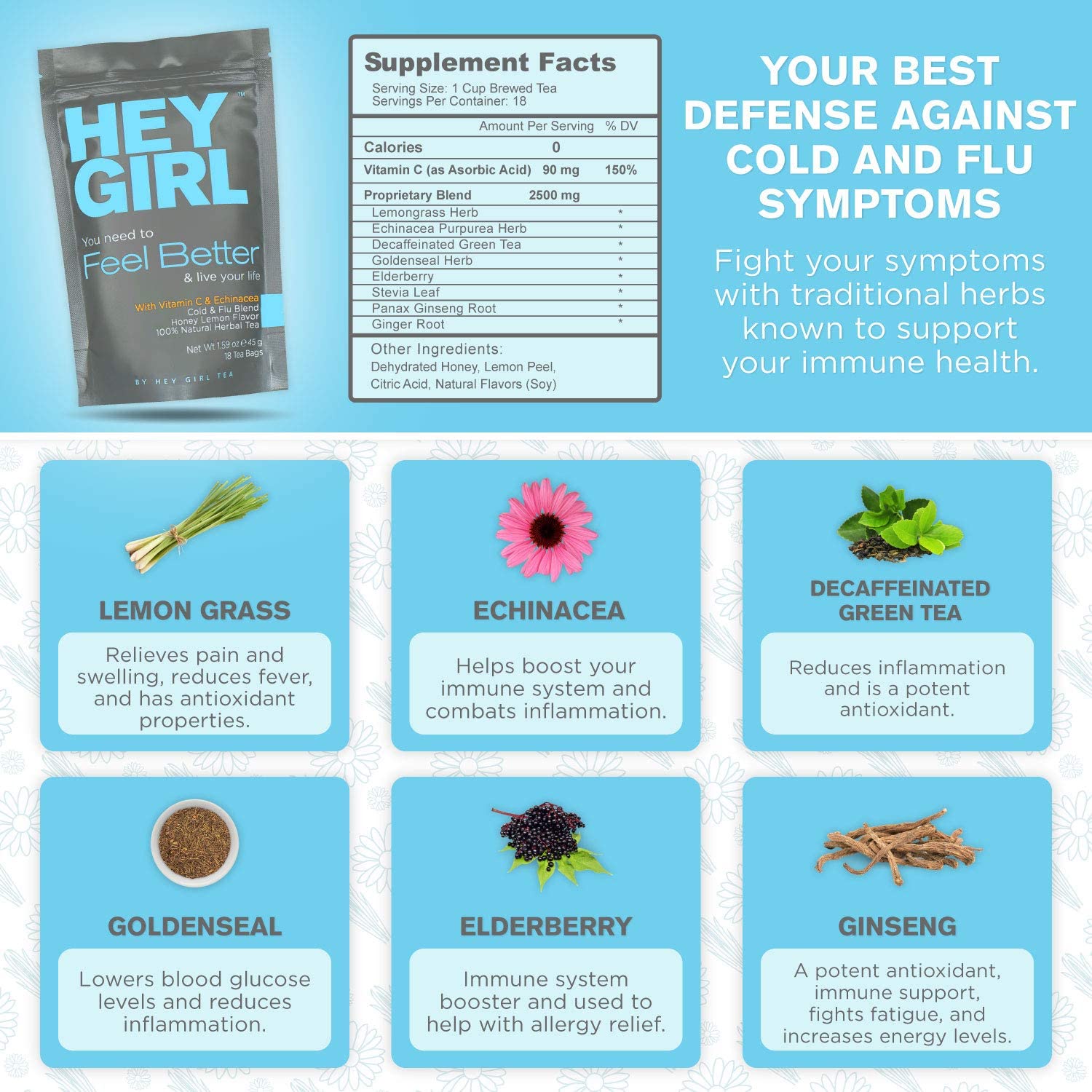 Hey Girl Energy + Immune Tea Bundle - Energize and Boost Vitality with Feel Better Herbal Tea - Immune Support with Echinacea, Elderberry, Vitamin C, Ginseng, and Ginger