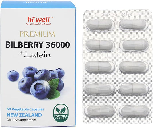 Hi Well Premium Bilberry 36000 + Lutein 12mg Capsules - Pure & Natural New Zealand Formula