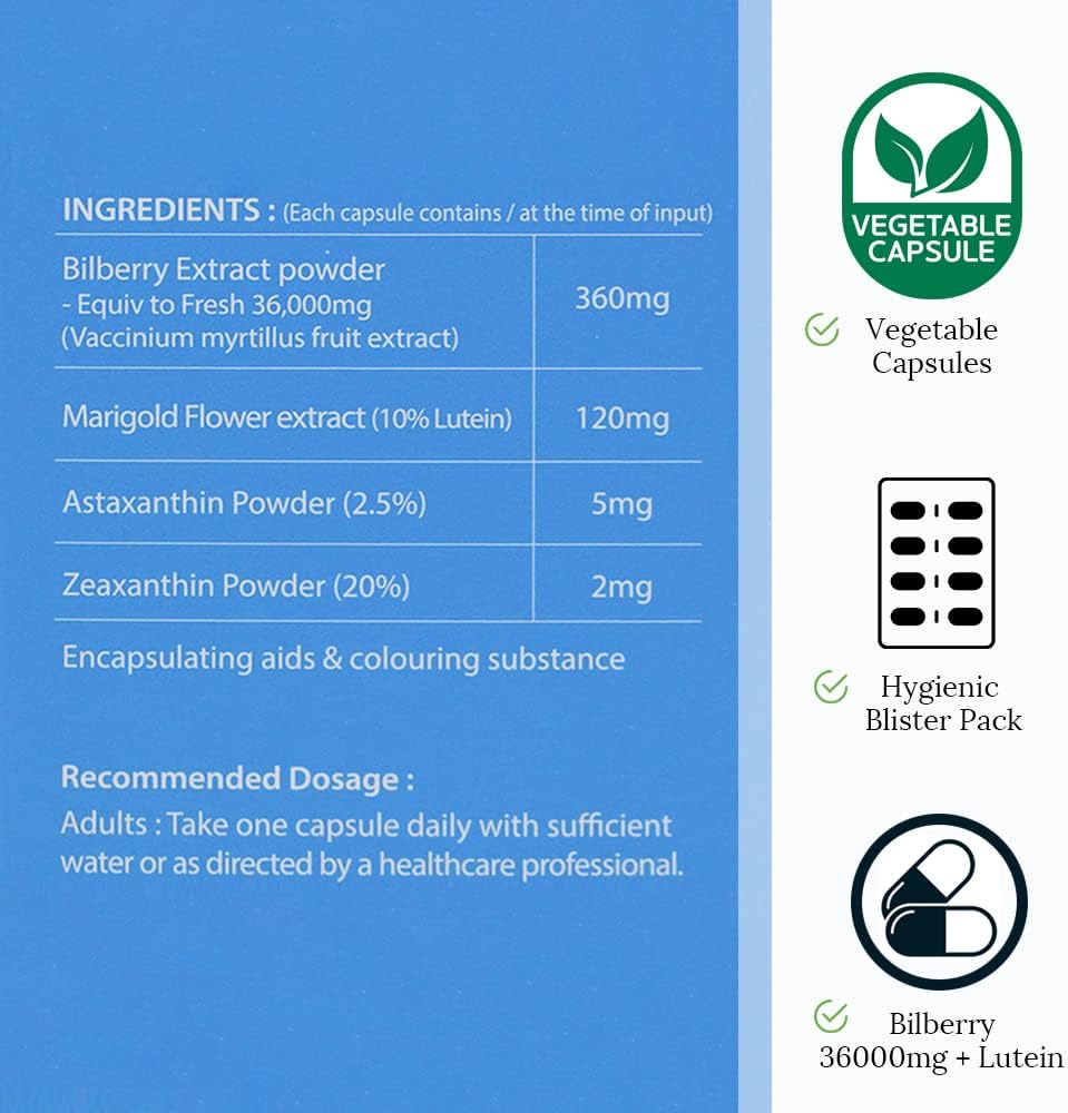 Hi Well Premium Bilberry 36000 + Lutein 12mg Capsules - Pure & Natural New Zealand Formula