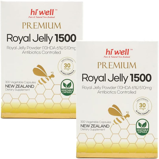 Hi Well Premium Royal Jelly 1500 Vegetarian Capsules - Pure & Natural New Zealand Supplement (Pack of 2)