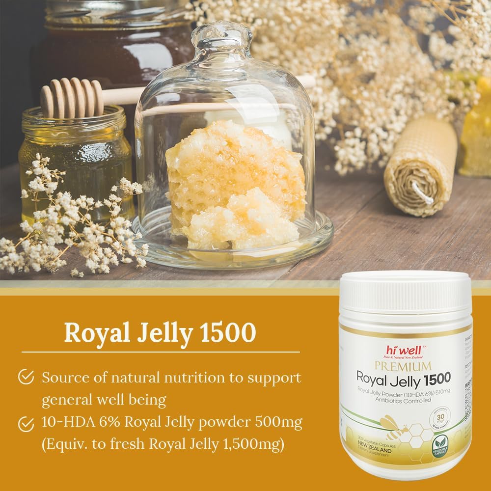 Hi Well Premium Royal Jelly 1500 Vegetarian Capsules - Pure & Natural New Zealand Supplement (Pack of 2)