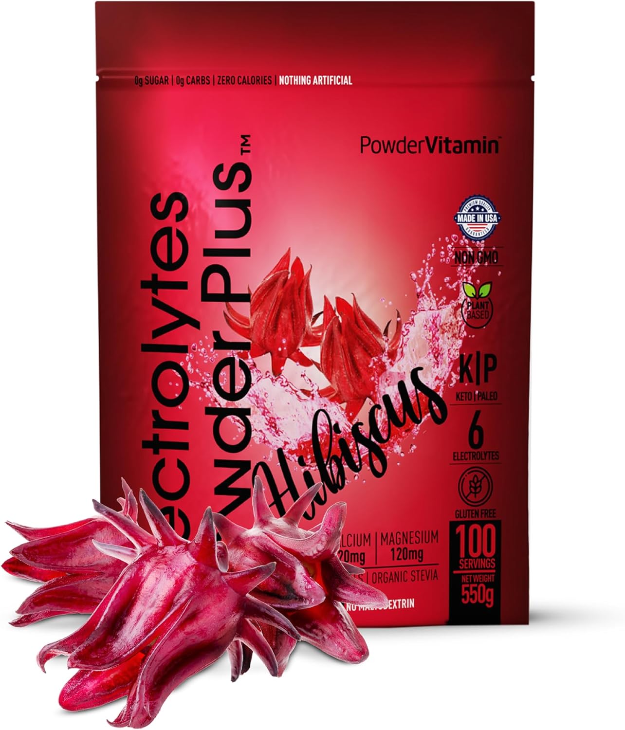 Hibiscus Electrolyte Powder Plus: 100 Servings, Zero Calorie Keto Hydration Powder with Potassium, Calcium, and Magnesium