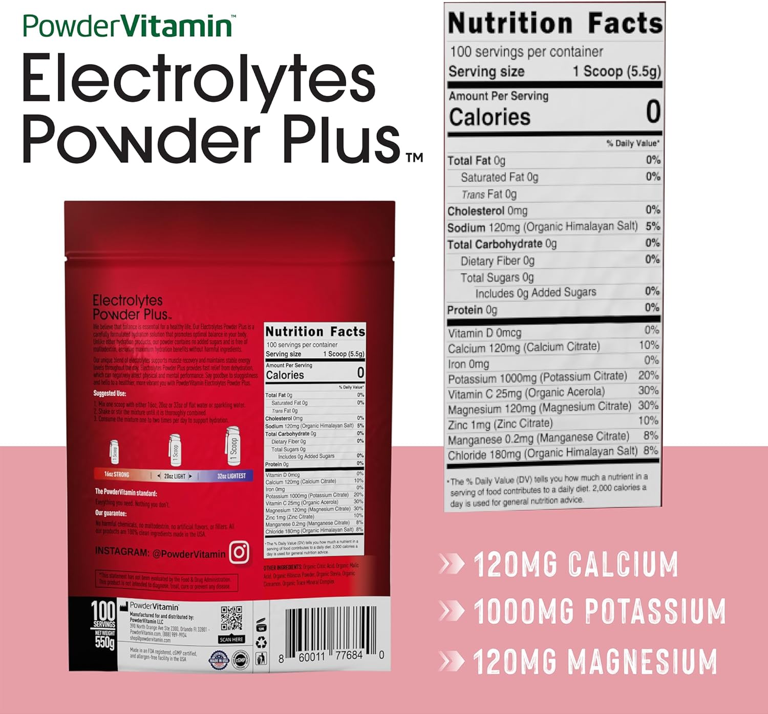 Hibiscus Electrolyte Powder Plus: 100 Servings, Zero Calorie Keto Hydration Powder with Potassium, Calcium, and Magnesium