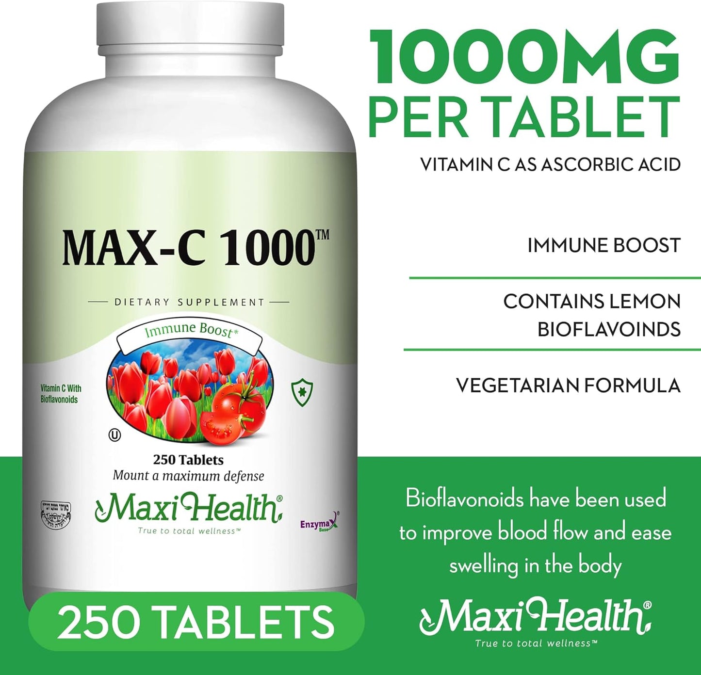 High Absorption 1000mg Vitamin C Tablets - Gluten Free Kosher Non GMO Immune Support Supplement - 250 Count