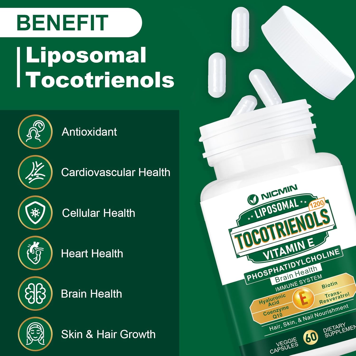 High Absorption 1200MG Vitamin E Tocotrienols Supplement with Phosphatidylcholine - 60 Capsules