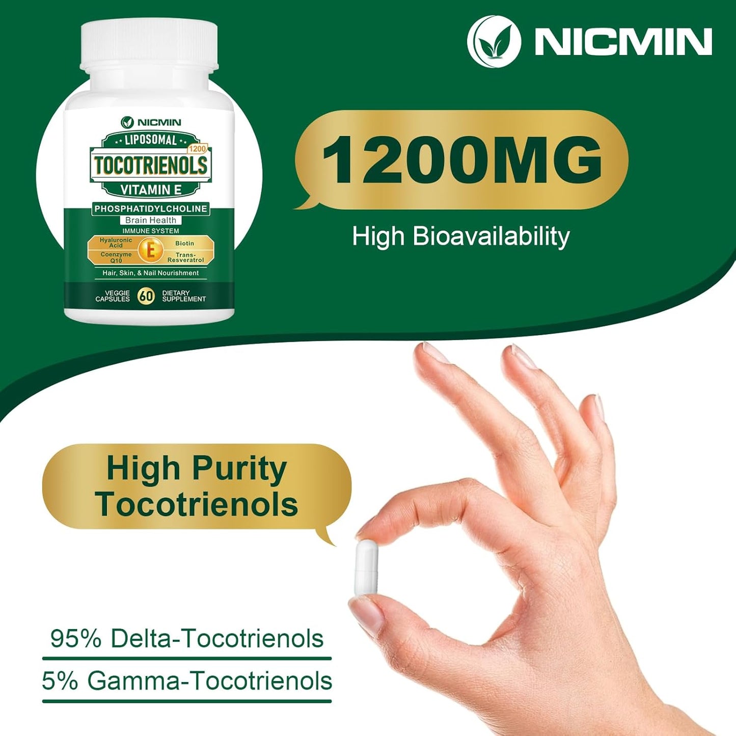 High Absorption 1200MG Vitamin E Tocotrienols Supplement with Phosphatidylcholine - 60 Capsules