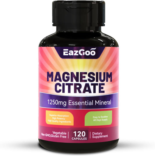 High Absorption 1250mg Magnesium Citrate Capsules - Extra Strength Supplement with Elemental Magnesium - Non-GMO & Gluten-Free - 120 Veg Caps