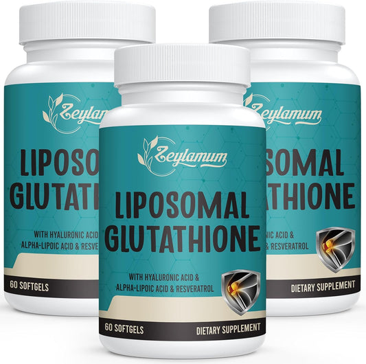 High Absorption 2400 MG Liposomal Glutathione Softgels with Hyaluronic Acid, Resveratrol - Detox & Immune Support - 180 Softgels
