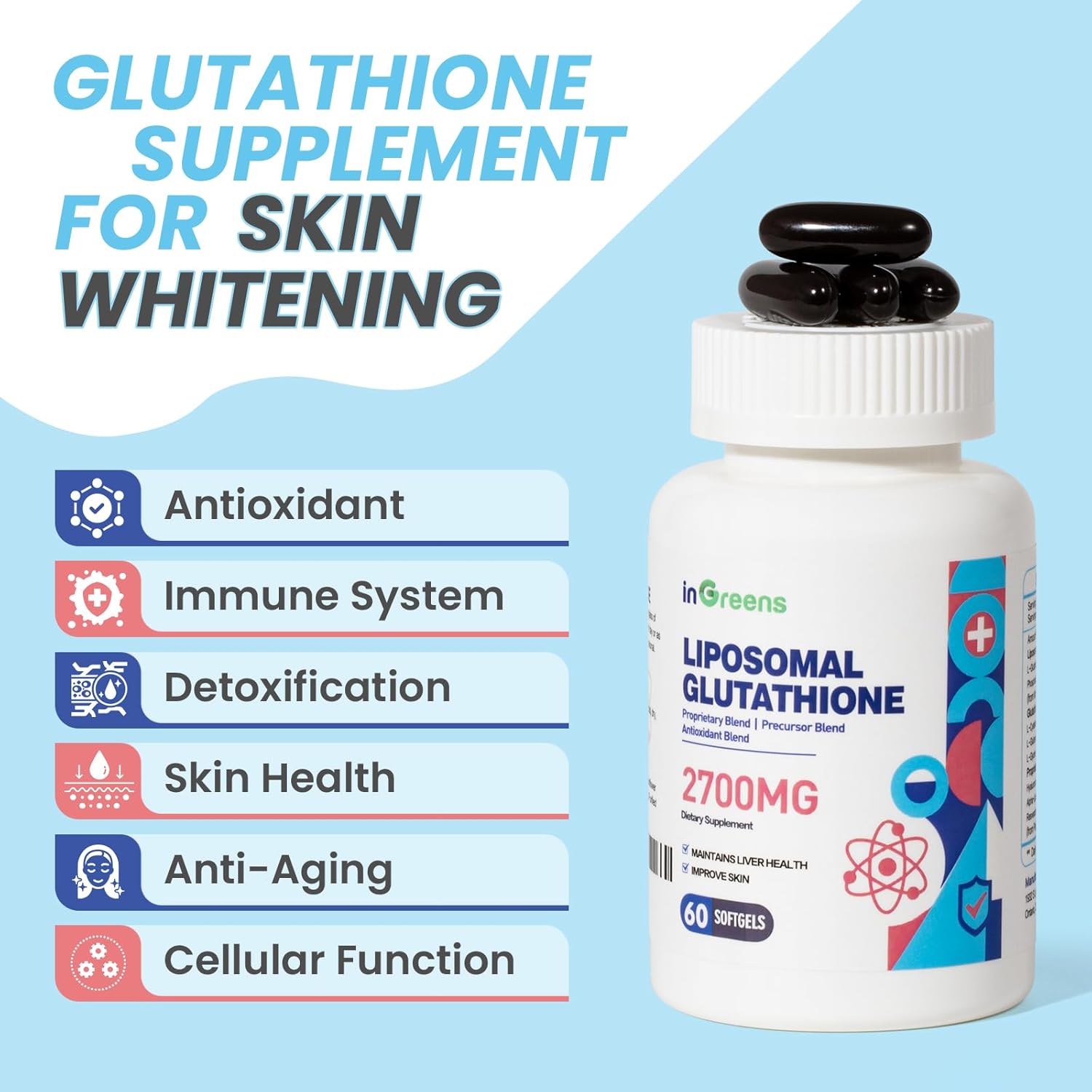 High Absorption 2700MG Liposomal Glutathione Softgels with Hyaluronic Acid and Resveratrol - Powerful Antioxidant for Healthy Aging - 120 Capsules