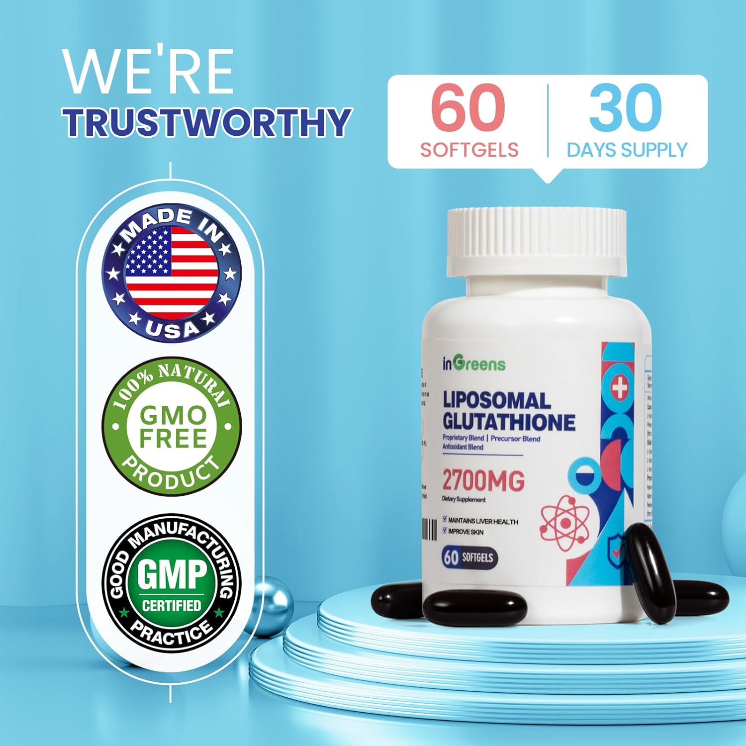 High Absorption 2700MG Liposomal Glutathione Softgels with Hyaluronic Acid and Resveratrol - Powerful Antioxidant for Healthy Aging - 120 Capsules
