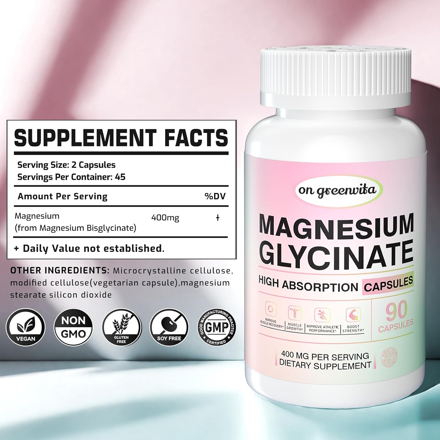High Absorption 400 MG Magnesium Glycinate Chelated Capsules, Non-GMO, Gentle On Stomach - 90 Vegetarian Capsules