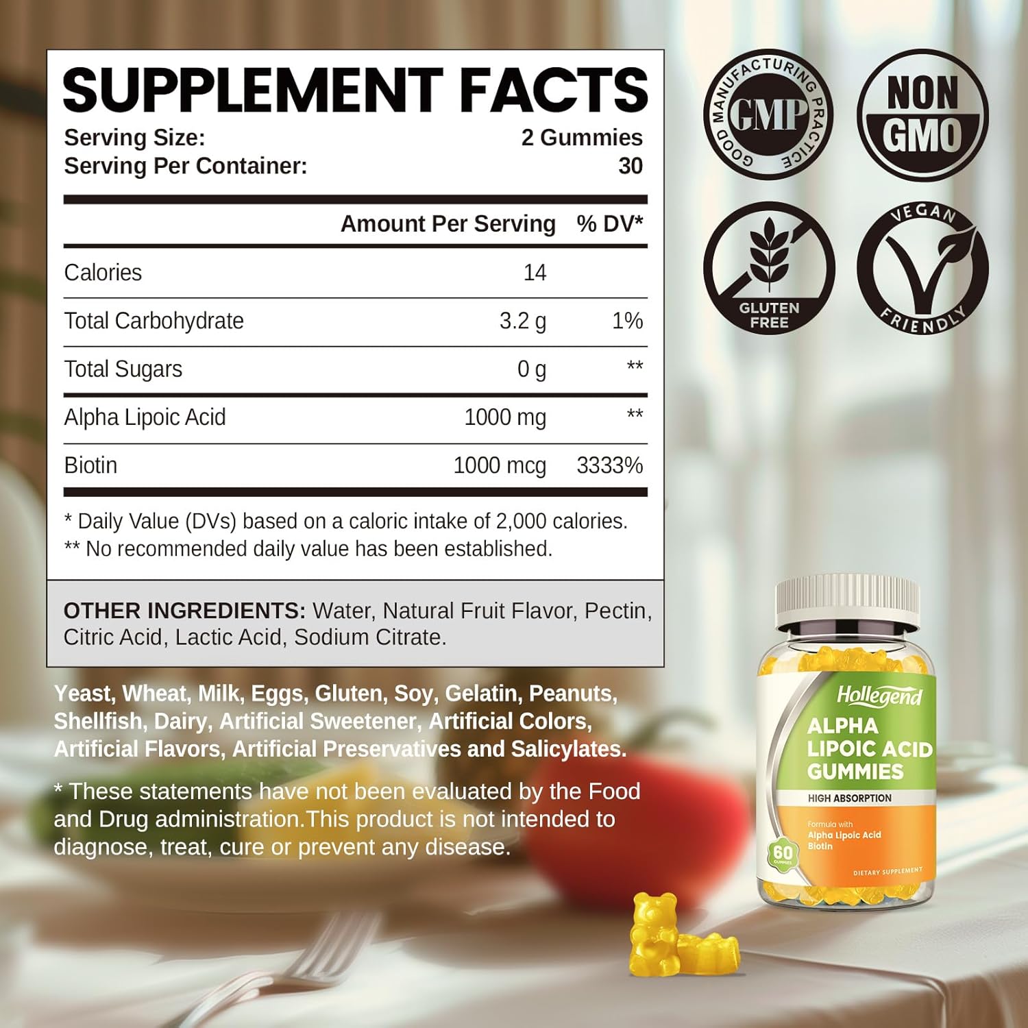 High Absorption Alpha Lipoic Acid Gummies 1000mg with Biotin for Antioxidant & Brain Support - Pineapple Flavor, 60 Sugar Free Chews